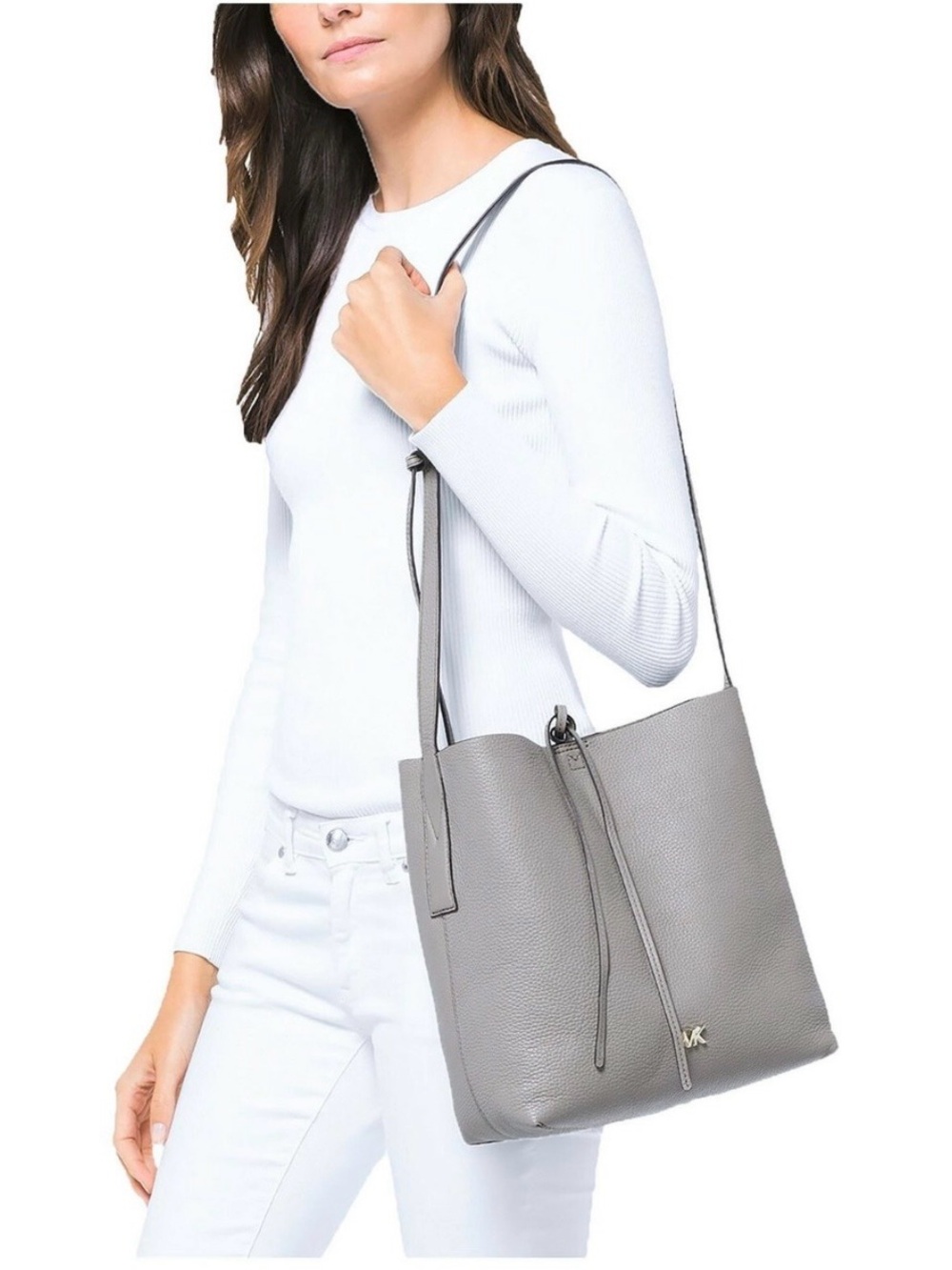 Michael Kors Pebbled Leather Junie Shoulder Bag - Gray - Picture 15 of 15